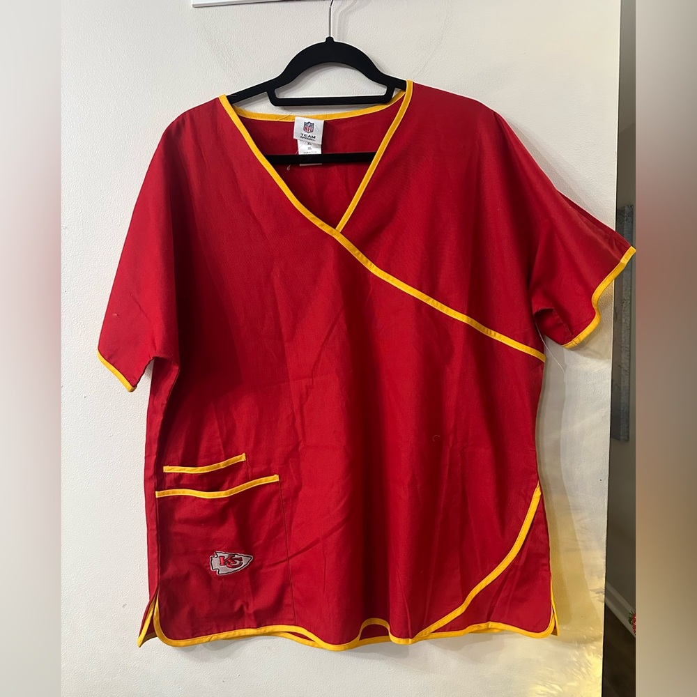 KC Chiefs Red and Yellow V-Neck Scrub Top